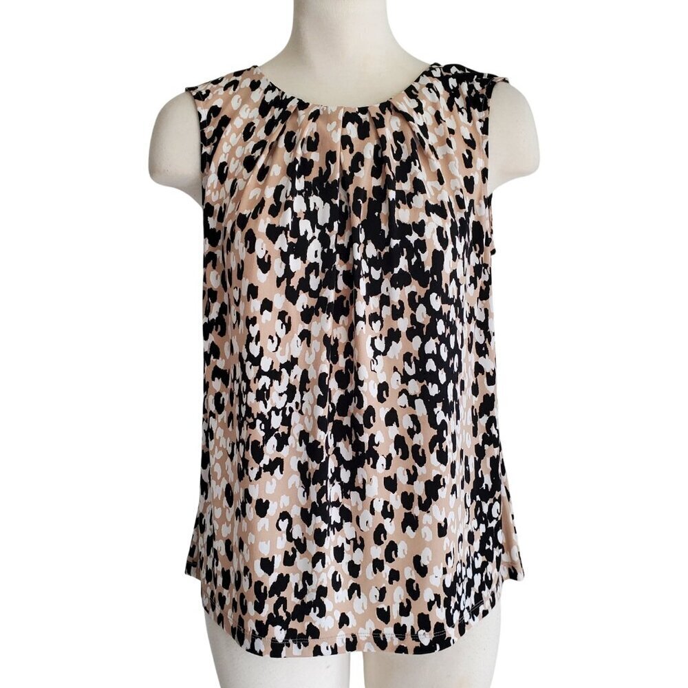 Jones New York Pleated Neckline Geo Animal Print Black Tan White Sleeveless Top